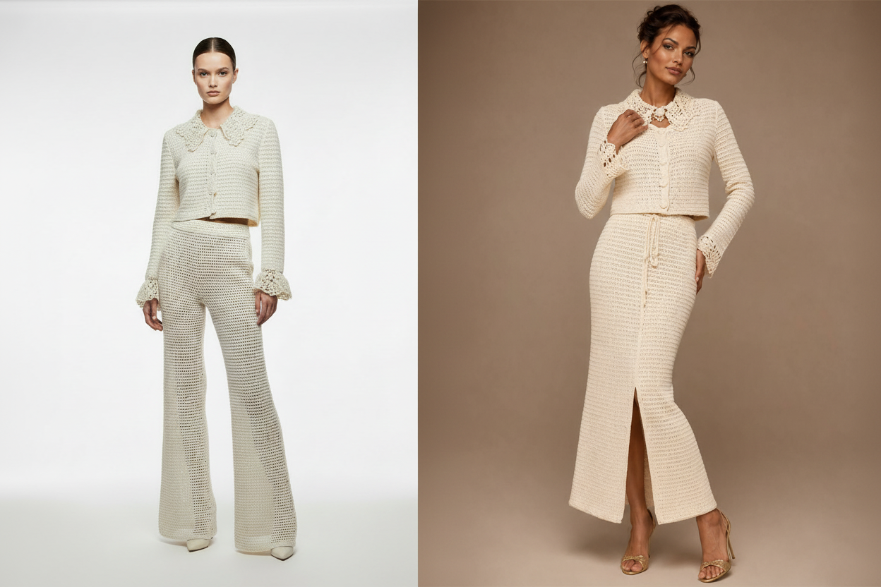 Fiore di Contessa — handmade luxury crochet collection featuring open-weave trousers, lace-collared jacket and flowing dresses in cotton-viscose blend
